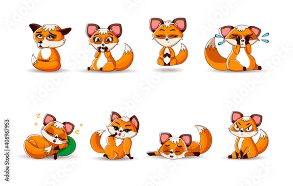 Obraz A large set of cute red foxes in a cartoon style in different poses and emotions