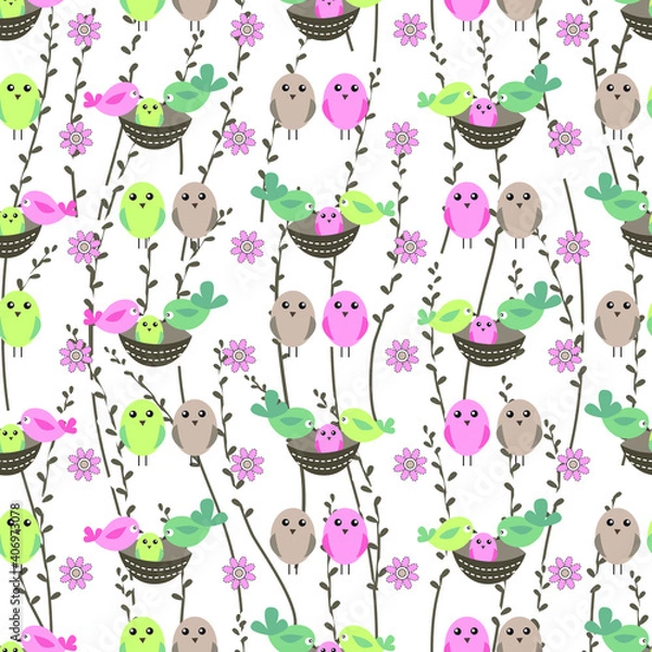 Fototapeta Seamless  easter pattern with nests and birds