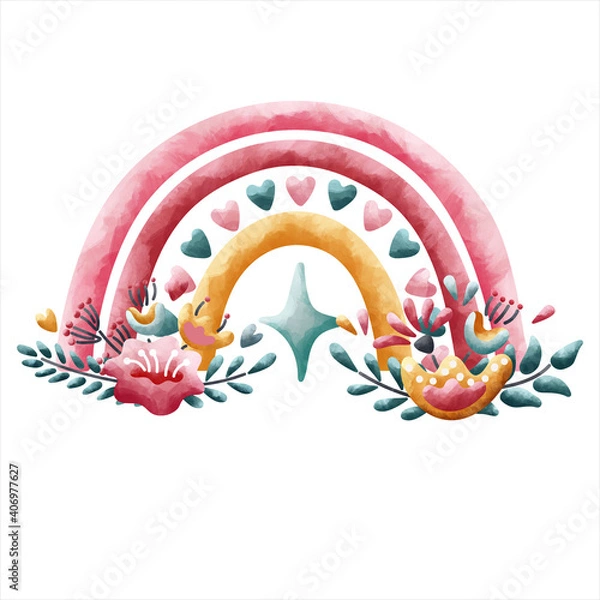 Fototapeta Rainbow of three colors with bouquets of flowers and a star in the middle in watercolor style. Muted colors. Isolated on a white background. Cute clipart for posters, invitations, banners, card