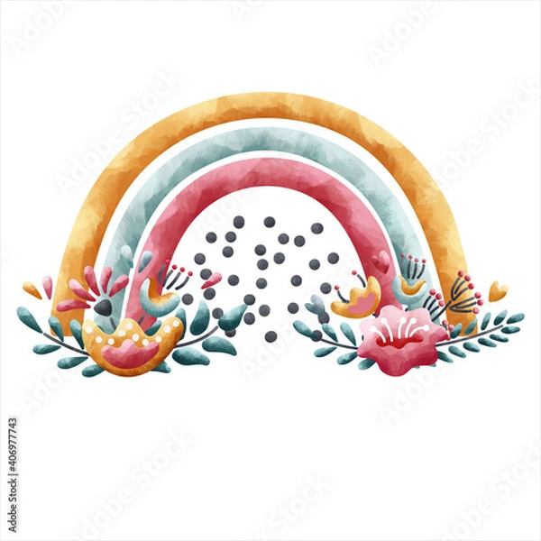 Fototapeta Rainbow of three colors with bouquets of flowers and circles in the middle. Watercolor style. Muted colors. Isolated on a white background. Cute clipart for posters, invitations, banners, card