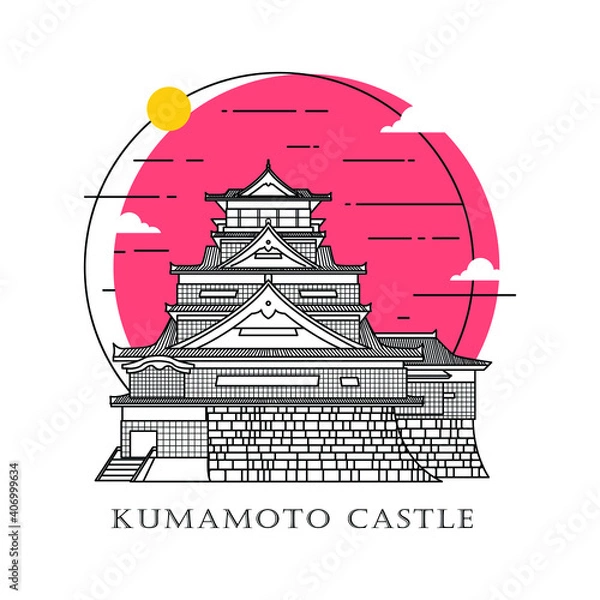 Obraz Flat icon vector illustration of a historic building castle in the Japan, Simple outline icon design cartoon landmark for praying vacation travel tourist attractions. Line art of Kumamoto Castle