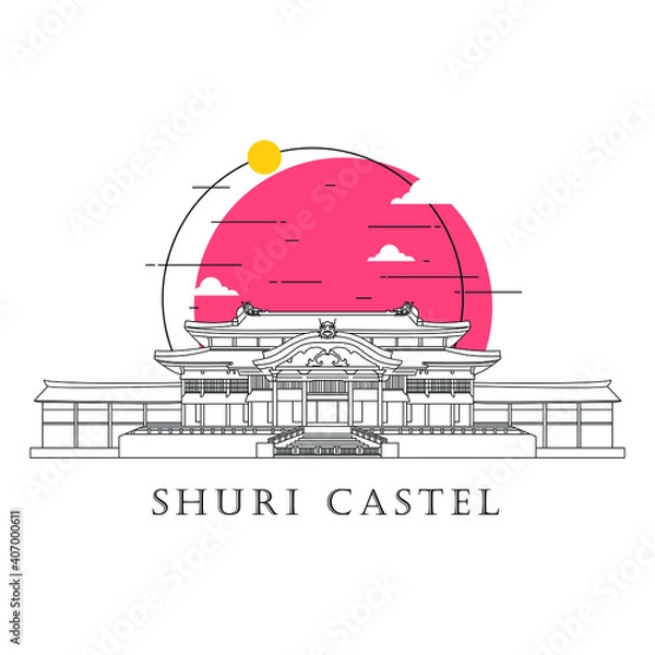 Obraz Flat icon vector illustration of a historic building castle in the Japan, Simple outline icon design cartoon landmark for praying vacation travel tourist attractions. Line art of Shuri Castle