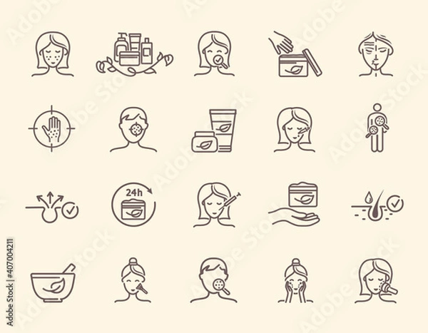 Fototapeta Set of dermatology related outline icons. Includes such Icons as cream, face care, lifting, skin, cosmetology and others. Black and white isolated vector illustrations