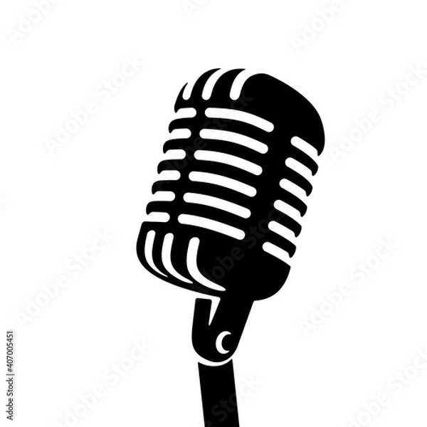 Obraz Black Retro vintage microphone on white background logo. Mic silhouette sign. Music, voice, record icon. Recording studio symbol. Flat stye vector illustration