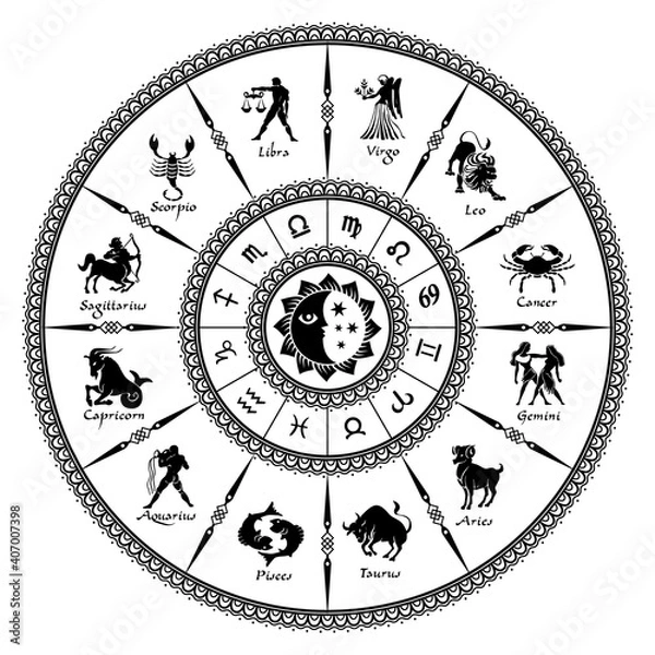 Fototapeta Round black horoscope on a white background.Circle with signs of zodiac.Vector