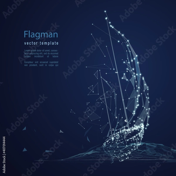 Fototapeta Sailboat composed of polygon. Logo concept. Low poly vector illustration. The ship consists of lines, dots and shapes