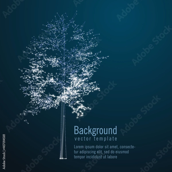 Fototapeta Wireframe mesh image of tree. Low poly background. Composed of polygon. Illustration consists of lines, dots and shapes. Wireframe connection structure. Eco vector