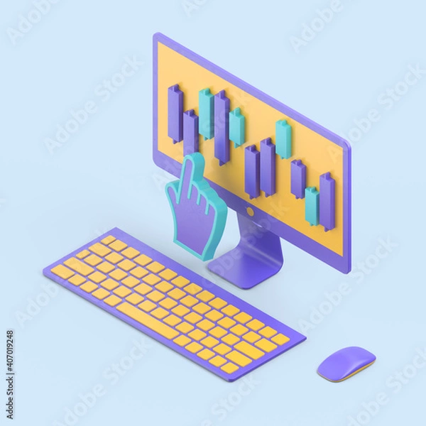 Fototapeta Online trading isometric 3d concept.
Online trading on stock exchange at home isometric composition with computer. Digital money market, investment, finance trading. Isometric concept stock exchang.
