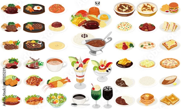 Fototapeta 洋食屋の料理アイコン①（お子様ランチ、オムライス、カレーライス、ナポリタン、パフェ）