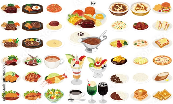 Obraz 洋食屋の料理イラスト①（お子様ランチ、オムライス、カレーライス、ナポリタン、パフェ）