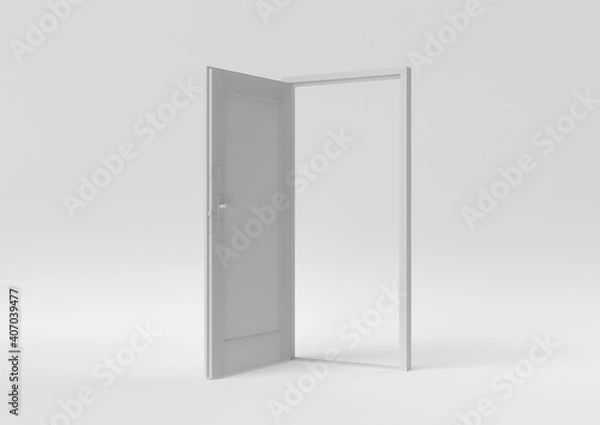 Fototapeta White door Open entrance to creative ideas or new life in white background. minimal concept idea creative. 3D render.