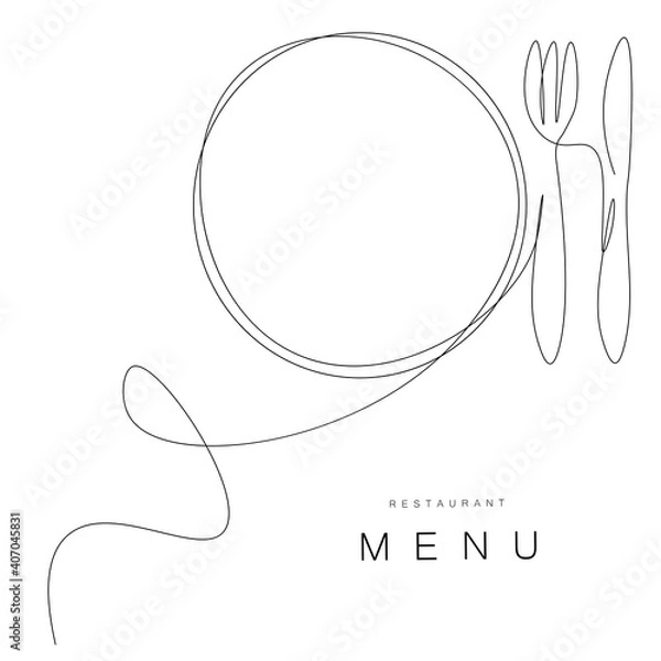 Fototapeta Menu restaurant background with plate, fork and knife, vector illustration