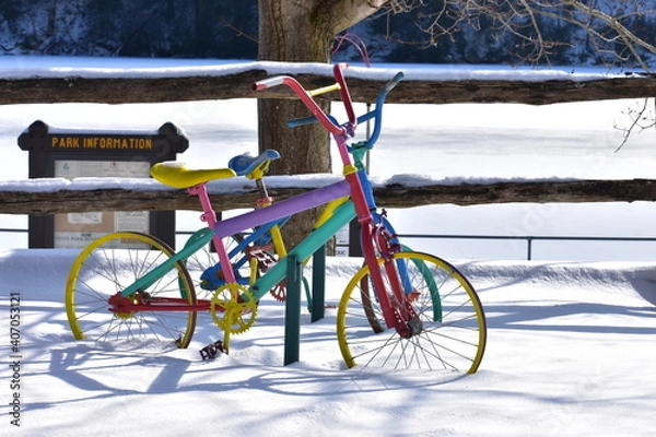 Fototapeta Two isolated colorful bicycles sitting in snow in park during winter