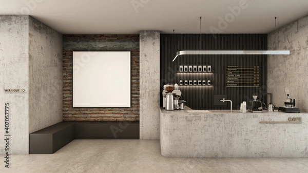 Fototapeta Cafe shop  Restaurant design Minimalist 
 Loft,Counter concrete,Mock up on brick wall,Menu text on wall back counter black decoration wall,Concrete floors -3D render