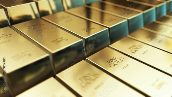 Fototapeta Realistic Gold ingots, bars abstract background 3d rendering