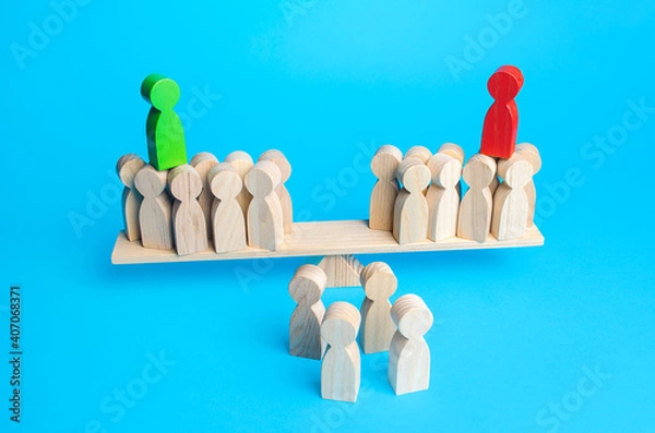 Fototapeta Two rival leaders attract people to their side. on the scales. Get the support of majority on elections. Political debate. Democratic election campaign. Electorate, electors. Position expression