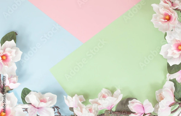 Fototapeta Magnolia branch on a multicolored background. postcard March 8, Mother's Day, happy Birthday. space for text.