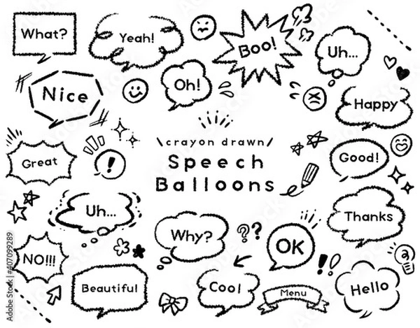 Obraz クレヨンタッチの手書き吹き出しセット 線のみ セリフあり