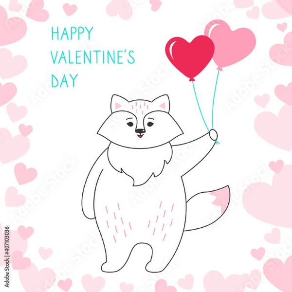 Fototapeta Fox with air balloon, hearts background Happy Valentines Day greeting card. Draw doodle cartoon style. Romantic banner cute forest fox. Design for print, about love hearts vector illustration