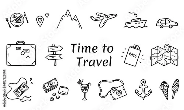 Fototapeta Time to travel elements in a hand drawn doodle style. Vector set of vacation and travel symbols. Sketch line art. Black outlines isolated on a white background. Summer Adventure Icons.