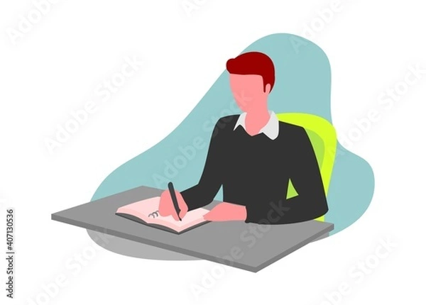 Fototapeta A boy writing on a book. Simple flat illustration