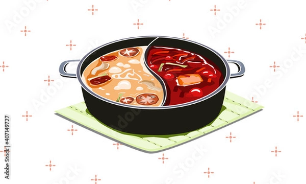 Obraz Two soup in one pot, hotpot spicy on white background. Isolated close up vector illustration.