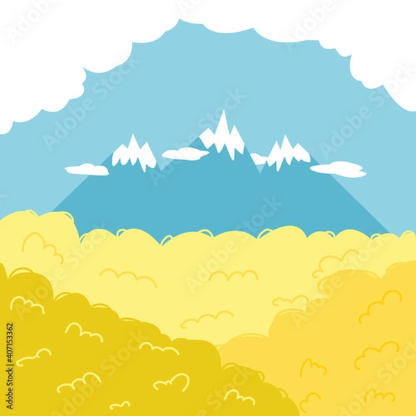 Fototapeta Field of yellow flowers against a blue sky. Canola flowers and towering mountains with clouds. Illustration of the nature of drawing by hand.