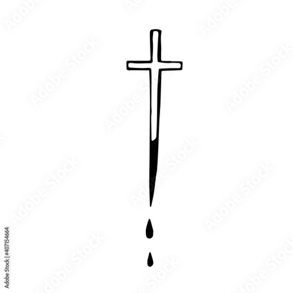 Fototapeta Cross with a sharp end with flowing blood. Aspen stake for killing a vampire. Hand drawn doodle black outline sketch halloween engraving tattoo. Stock vector illustration isolated on white background.