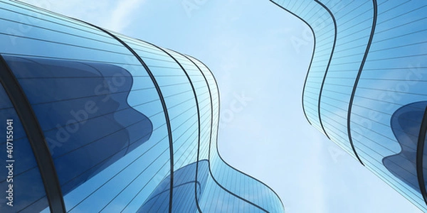 Obraz Niski widok na futurystyczną architekturę, wieżowiec budynku biurowego z krzywą szklaną oknem, renderowanie 3D.