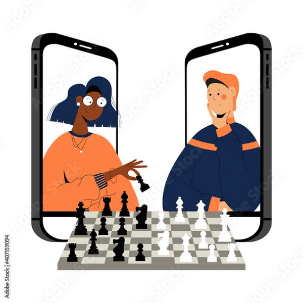 Fototapeta Two people plays chess online. Man and woman competing in chess from their smartphones. Distant leisure activity concept vector illustration. Chess tournament at online chess club