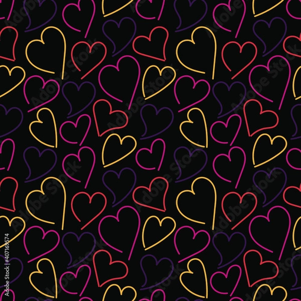 Fototapeta Vector doodle seamless pattern with colorful hearts on a black background. Design element for postcard, wallpaper, wrapping paper, print, textile, packing.