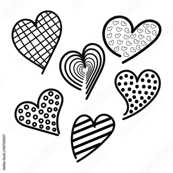 Fototapeta Black and white vector doodle set of hearts on a white background. Design element for postcard, wallpaper, wrapping paper, print, textile, packing.