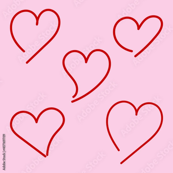Fototapeta Vector doodle set of red hearts for Valentine's Day, wedding, dating on a pink background. Design element for postcard, wallpaper, wrapping paper, print, textile, packing.