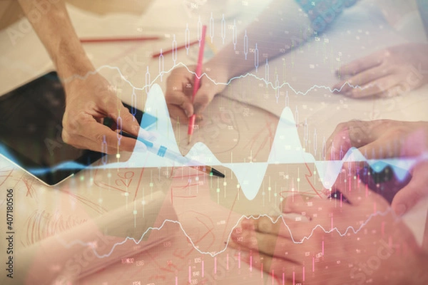 Fototapeta Double exposure of forex graph drawing and man and woman working together holding and using a mobile device. Trade concept.