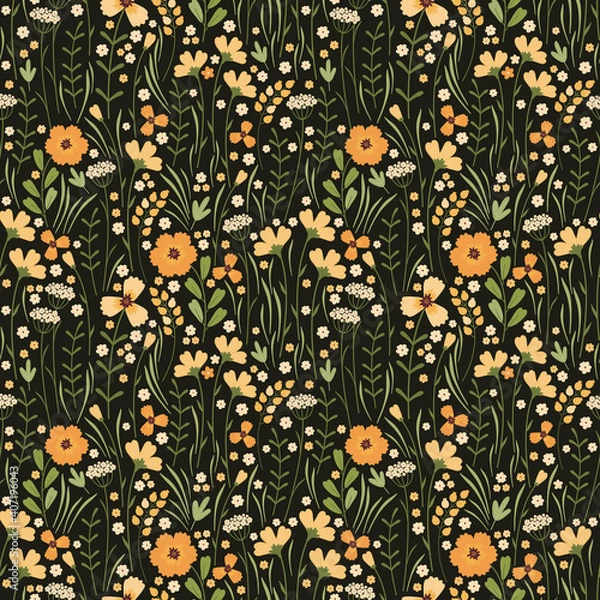 Fototapeta Blooming summer meadow seamless pattern. Repeating floral pattern on dark background. Lot of different wild yellow flowers, buds, leaves, stems on the field. Liberty millefleurs. Scandinavian style.