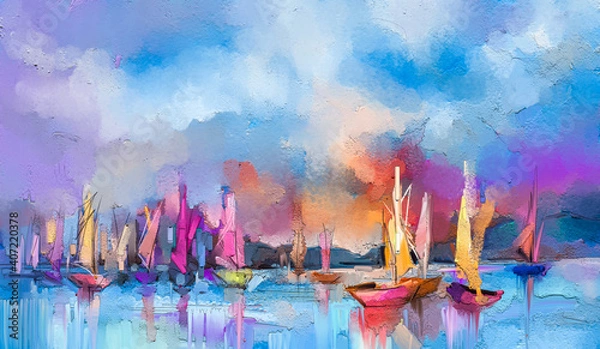 Obraz Kolorowy obraz olejny na płótnie tekstury. Impresjonizm Obraz obrazów papu morskiego z tłem światła słonecznego. Obrazy olejków współczesnych sztuki z łodzią, żagl na morzu. Streszczenie sztuki współczesnej na tło