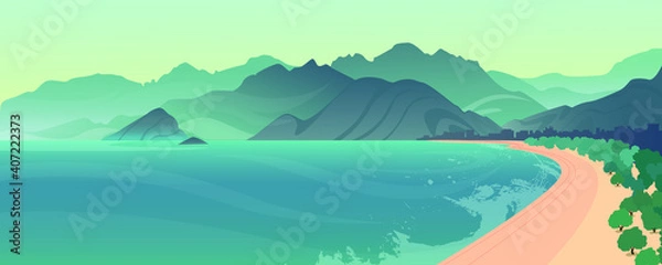 Fototapeta The  beautiful panorama of sea, beach and hills. Sunny afternoon. Wonderful springtime landscape with lake and  mountains. Nature banner for traveling  website. Large background for game. 