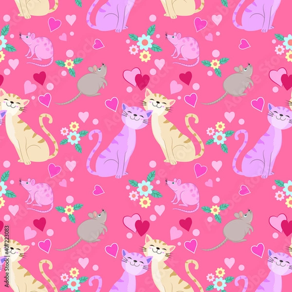 Fototapeta Cute cat and rat with heart shape seamless pattern