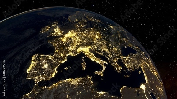 Fototapeta Europe from space, earth lights from space, city lights from space, EU satellite view 3D render