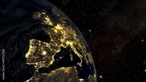 Obraz Europe from space, earth lights from space, city lights from space, EU satellite view 3D render
