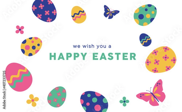 Fototapeta Colorful Happy Easter greeting card with eggs, butterflys and text	