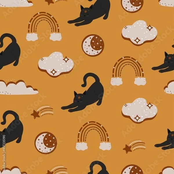 Fototapeta Seamless pattern with cute colorful Kittens, rainbows and clouds. Creative baby yellow texture. Great for fabric, textile vector illustration