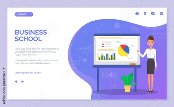 Fototapeta Landing page of a business school. Young beautiful businesswoman points to a color charts. Woman in white blouse, skirt and high heels. Demonstration bar graphs and pie graphs, business infographics