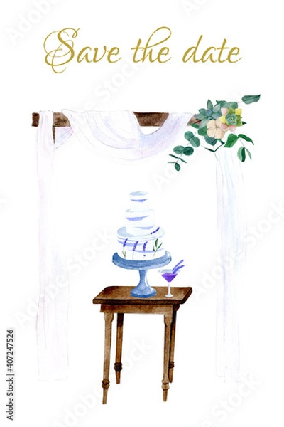 Fototapeta Wedding ceremony arch. Beautiful wedding decor. Watercolor invitation.
