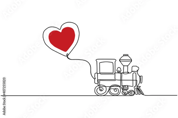 Fototapeta Drawing of a train that carries a heart. Continuous line drawing. Vector illustration.