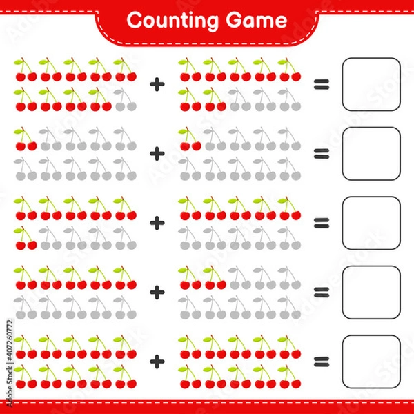 Fototapeta Counting game, count the number of Cherry and write the result. Educational children game, printable worksheet, vector illustration
