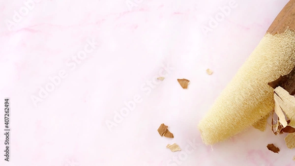 Obraz Dry and clean loofah with some luffa fruit skin pieces scattered around, on a pink marble background. With copy space on the left.
