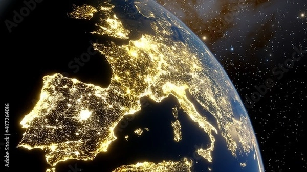 Obraz Europe from space, earth lights from space, city lights from space, EU satellite view 3D render
