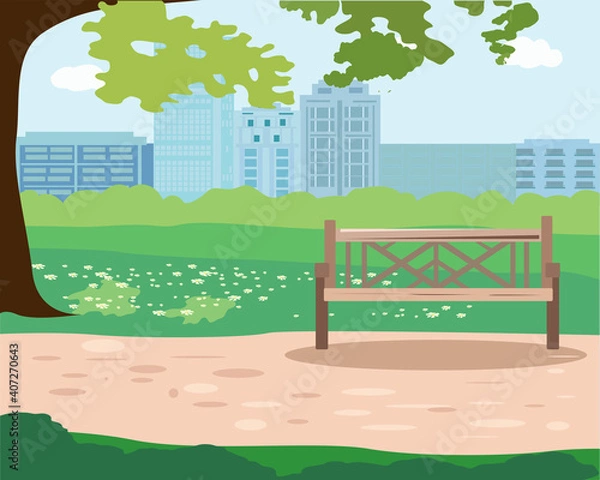 Fototapeta City Park in summer tree and bench