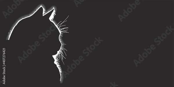 Fototapeta Beautiful illustration of a cat. Cat head silhouette in monochrome style. Fluffy fur. Stencil. kitten silhouette, Element for your design. icon.